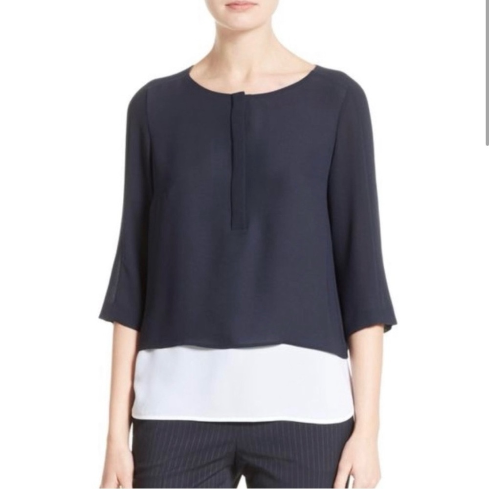 Hugo Boss Baliana Blue/White 3/4 Sleeve Layered Look Blouse Tunic Size 6